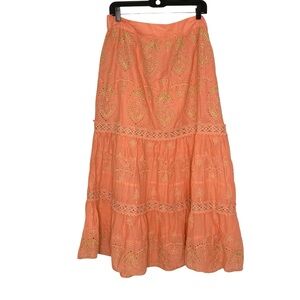 Boston Proper Womens Large Coral & Gold Embroidered Boho Festival Maxi Skirt